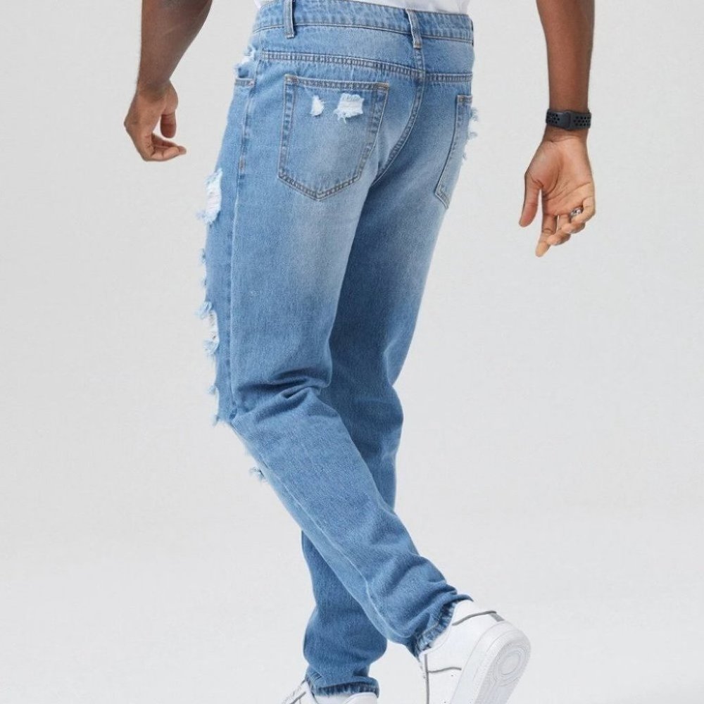 Mens Ripped Frayed Tapered Jeans - Picture 5 of 5